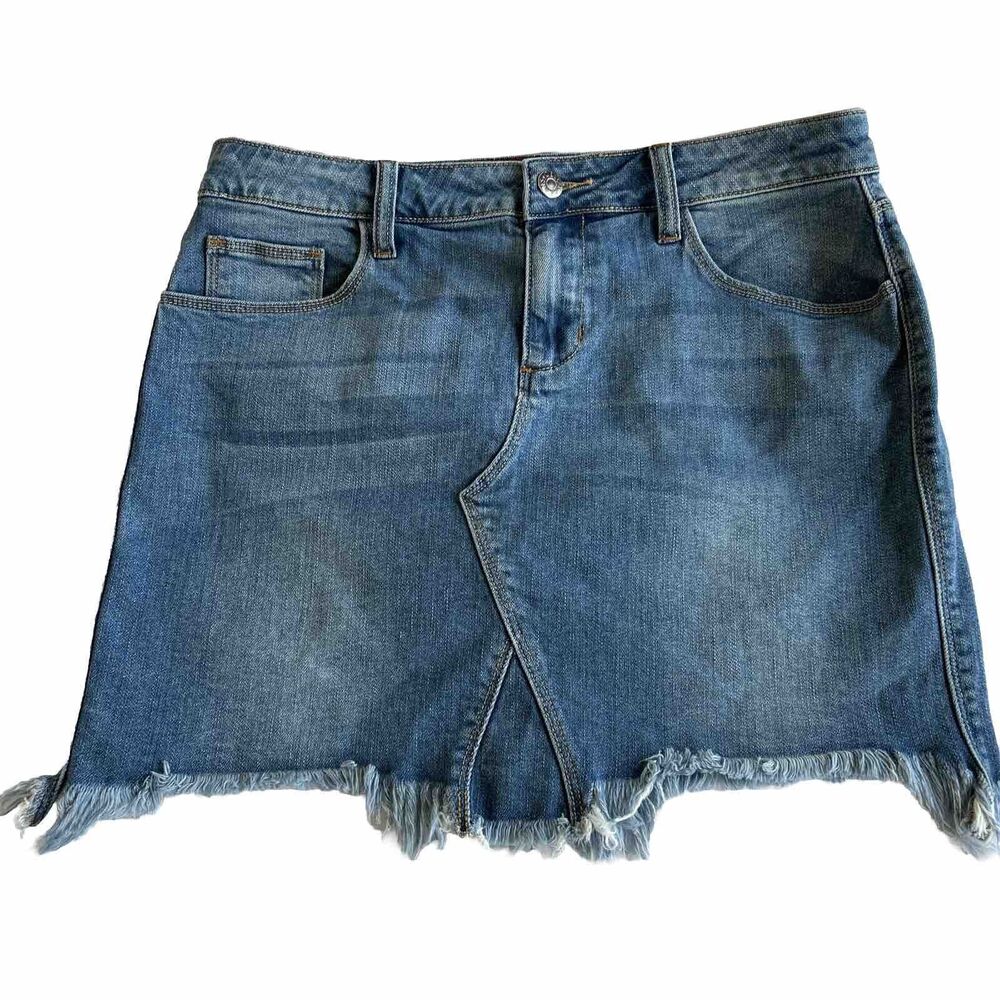 Cello Jeans Mini Skirt Large Blue Raw Hem Light Wash Distressed Whiskered